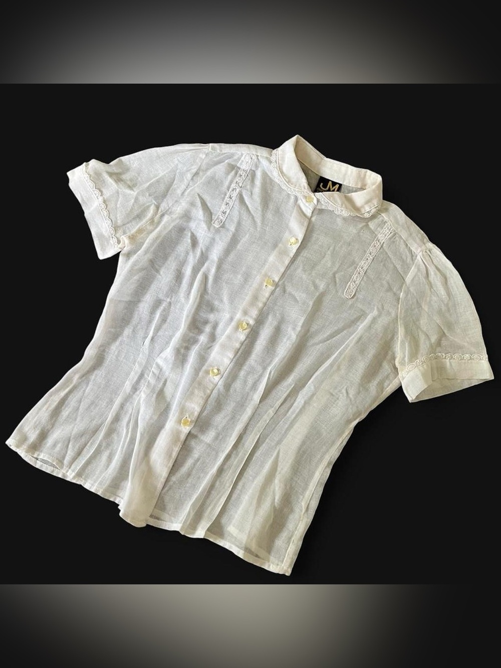 VINTAGE • PETER PAN COLLAR LIGHTWEIGHT SUMMER COQUETTE COTTON BLOUSE XS / S